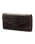 Leather accordion clutch purse with 12 card slots, brown croc, front