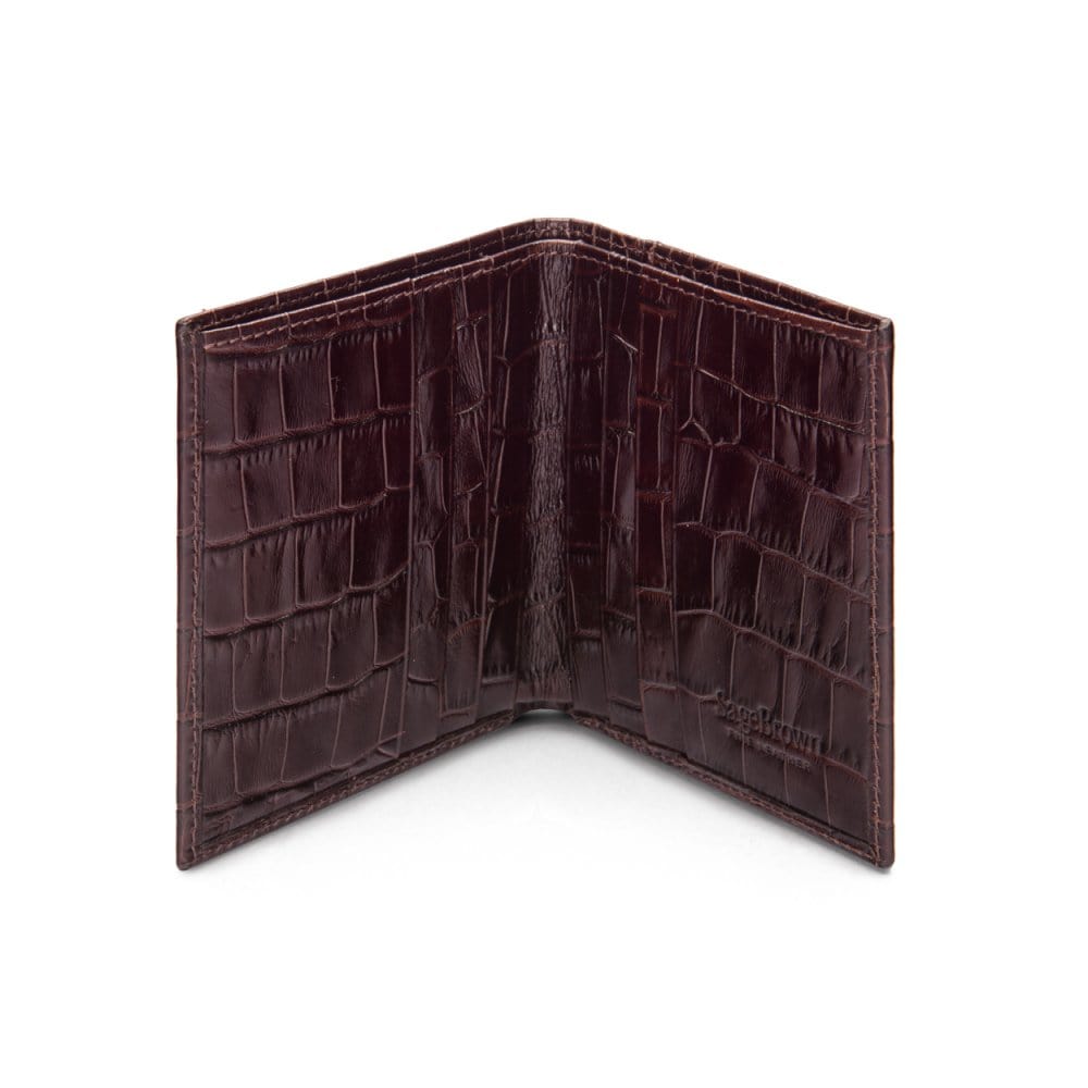 Leather compact billfold wallet 6CC, brown croc, open