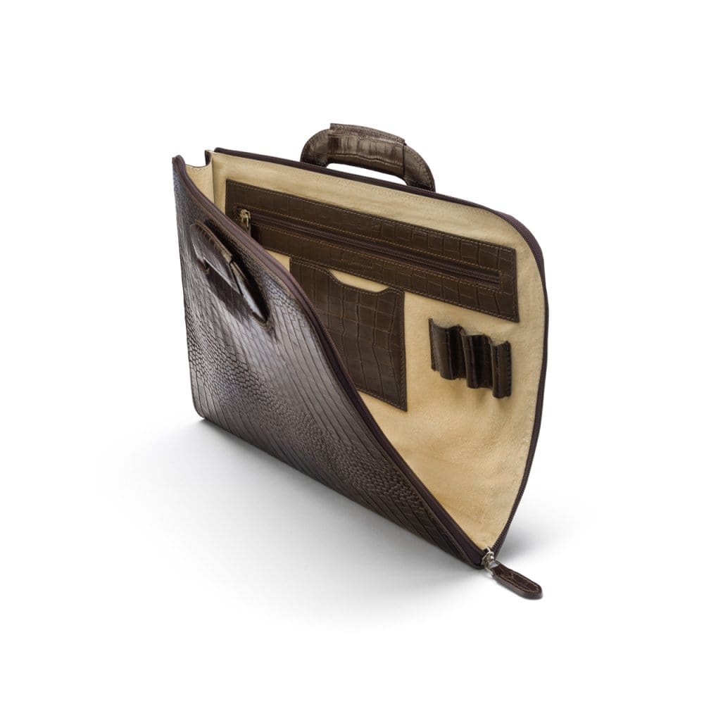 Leather document case with retractable handles, brown croc, inside