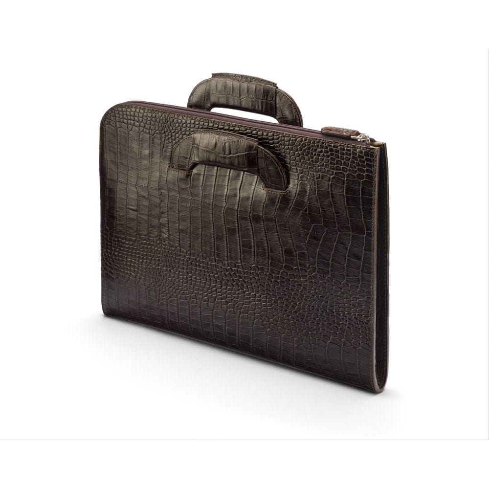 Leather document case with retractable handles, brown croc, back