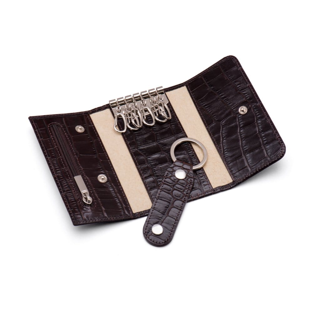 Leather Key Ring Wallet, Brown Croc Key Case SageBrown