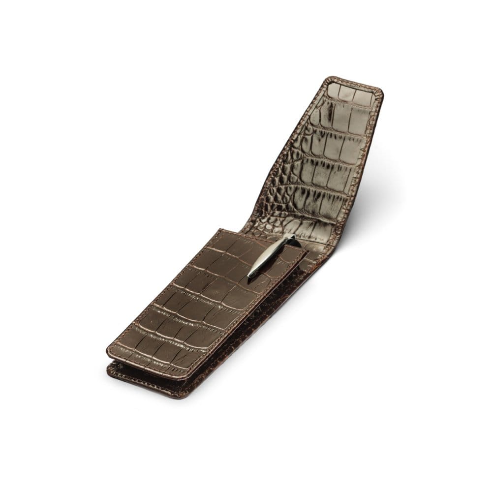 Leather pen case, brown croc, open