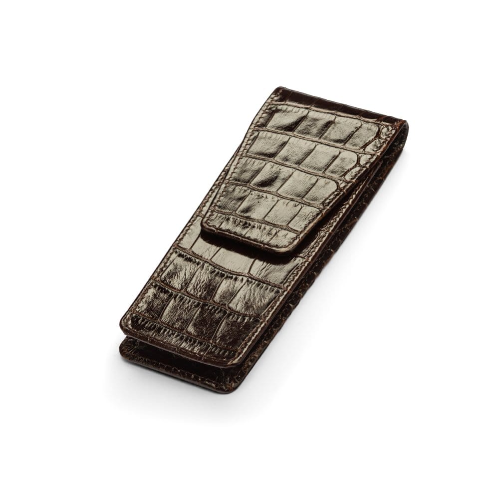 Leather pen case, brown croc, side