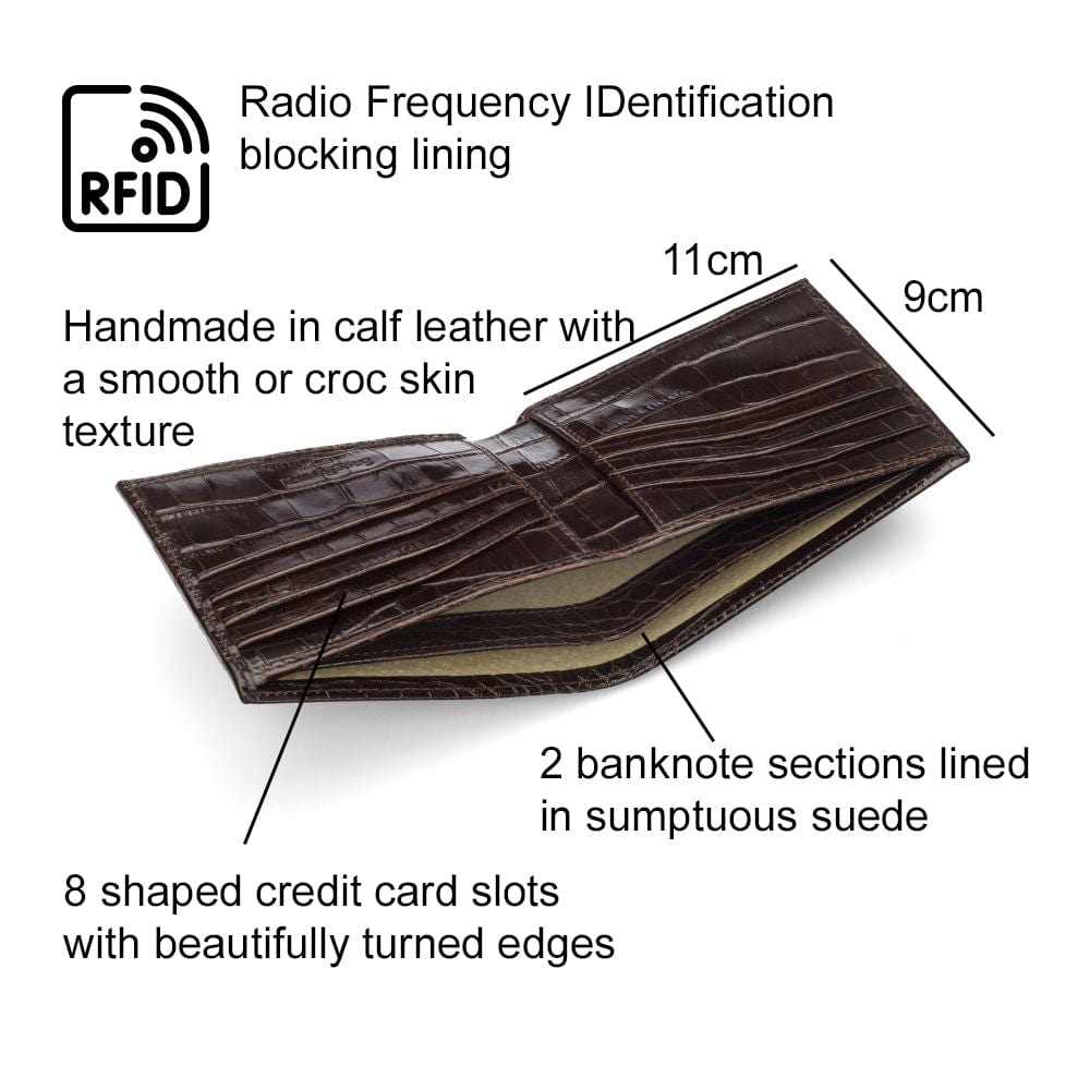 RFID leather wallet for men, brown croc, features