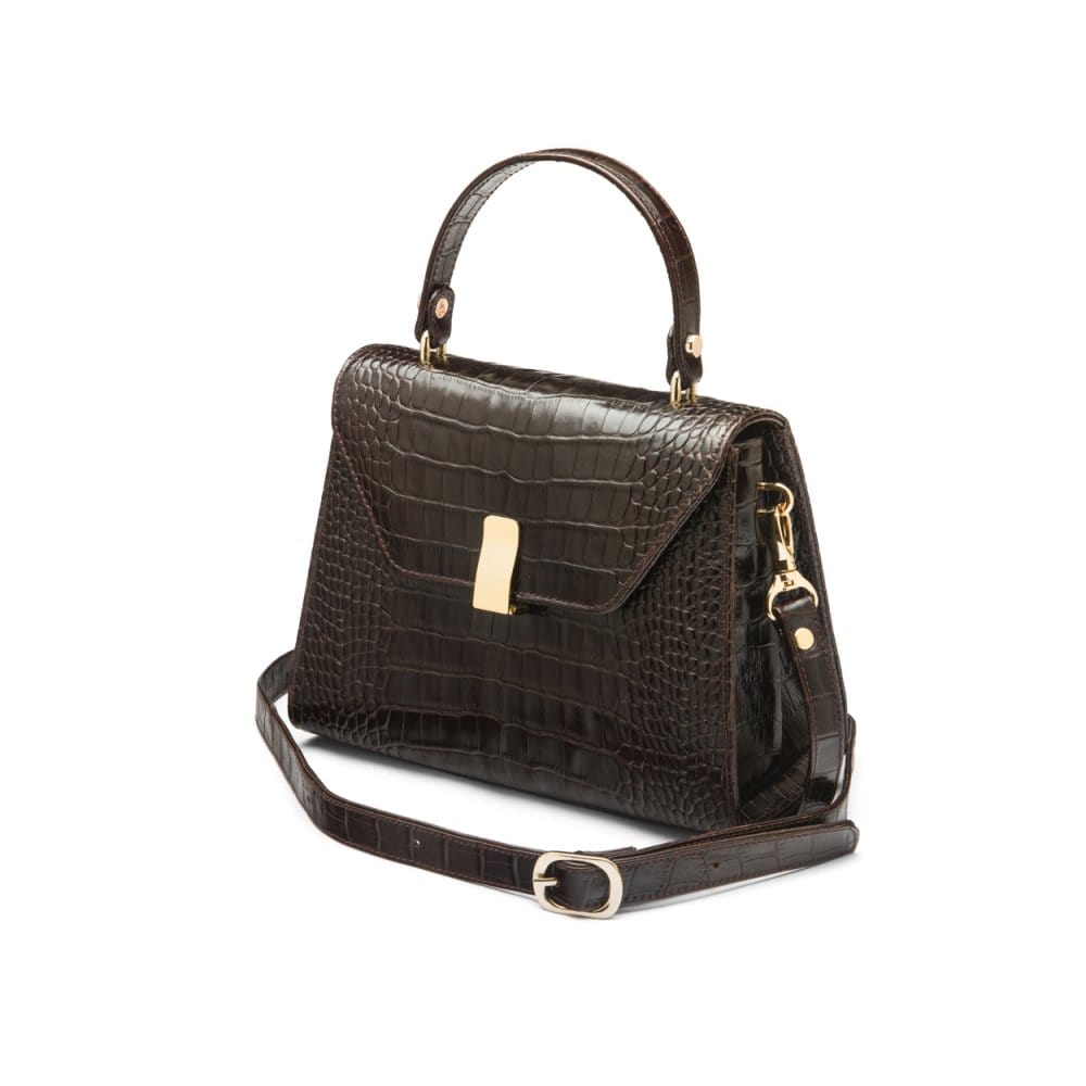 Leather top handle bag, brown croc, side