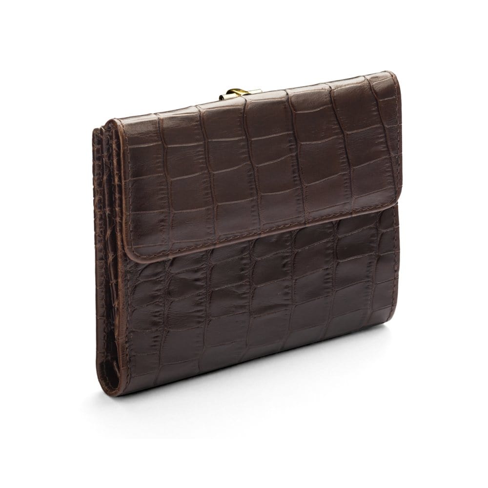 Leather purse with brass clasp, brown croc, back
