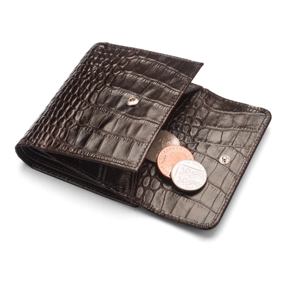 Leather purse with brass clasp, brown croc, open