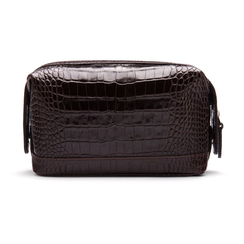 Leather wash bag, brown croc, front view