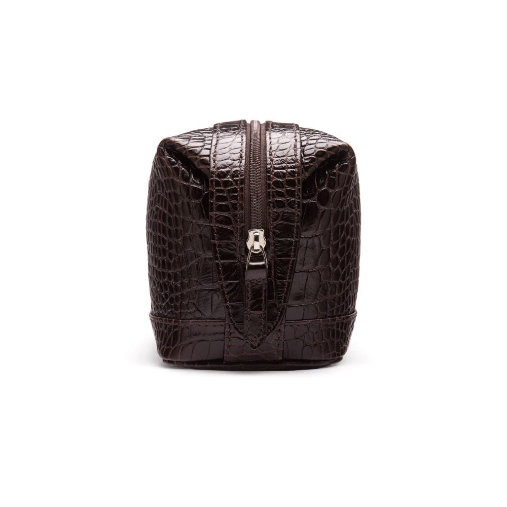 Leather wash bag, brown croc, side