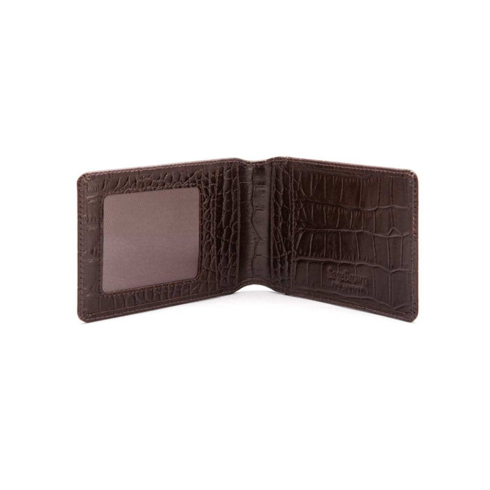 Leather travel card wallet, brown croc, open