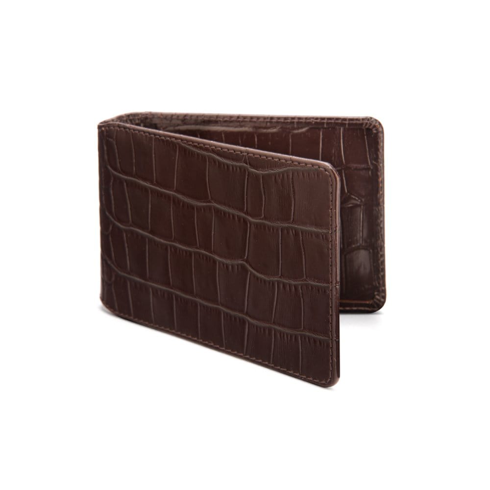 Leather travel card wallet, brown croc, front