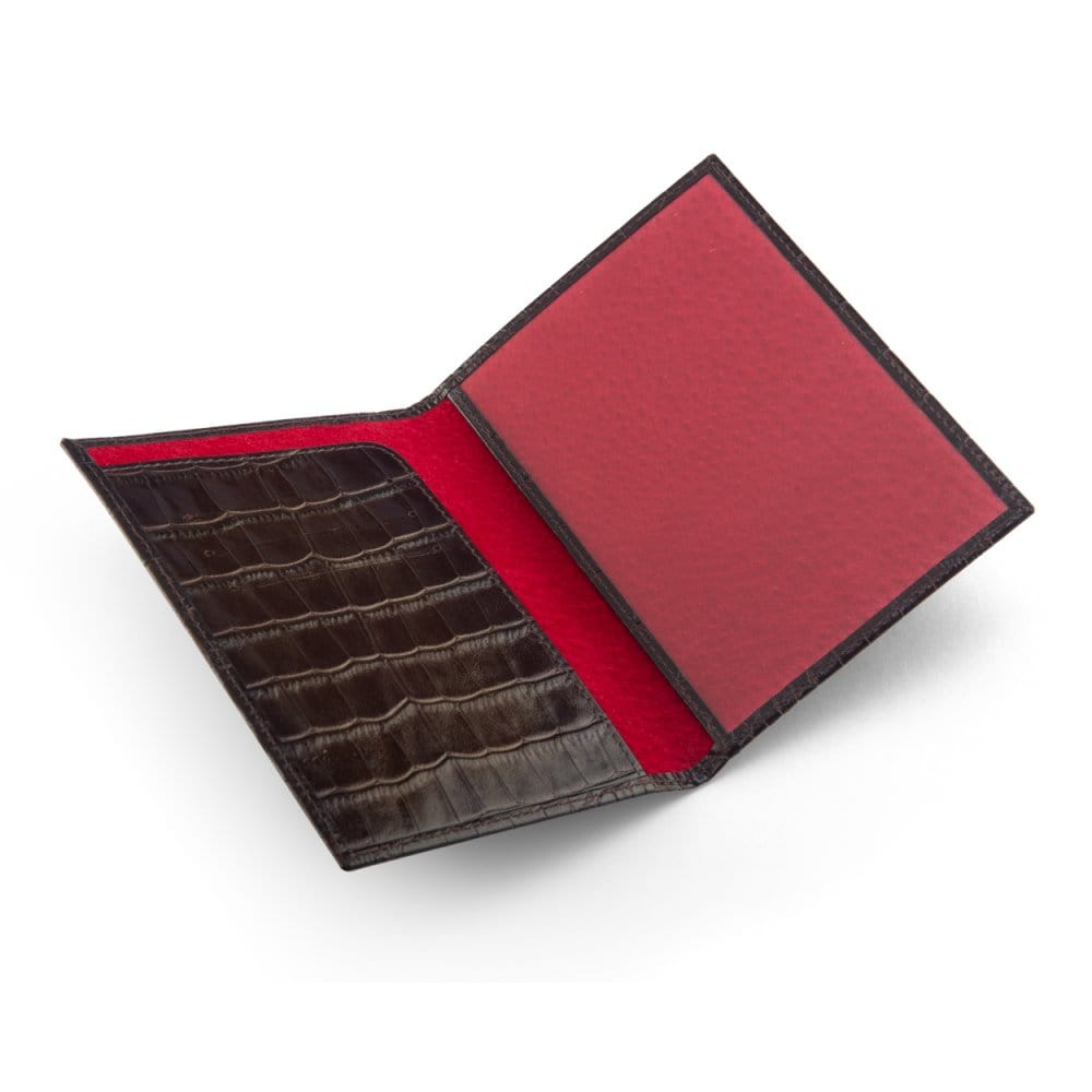 Luxury leather passport cover, brown croc, open