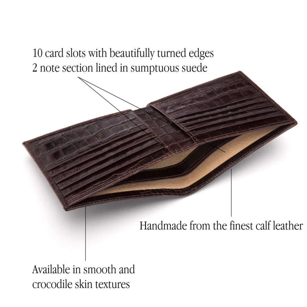 Men's leather billfold wallet, brown croc, features