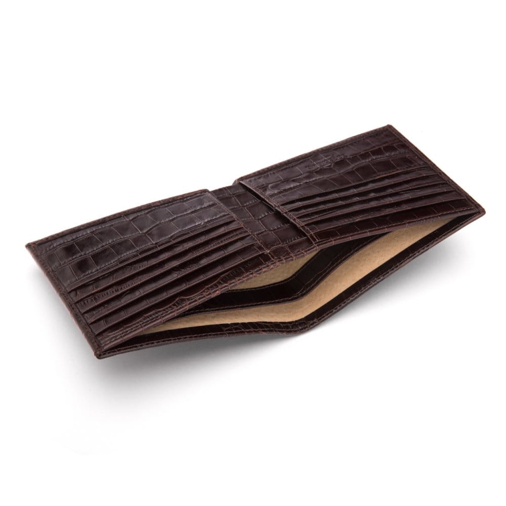 Men's leather billfold wallet, brown croc, inside