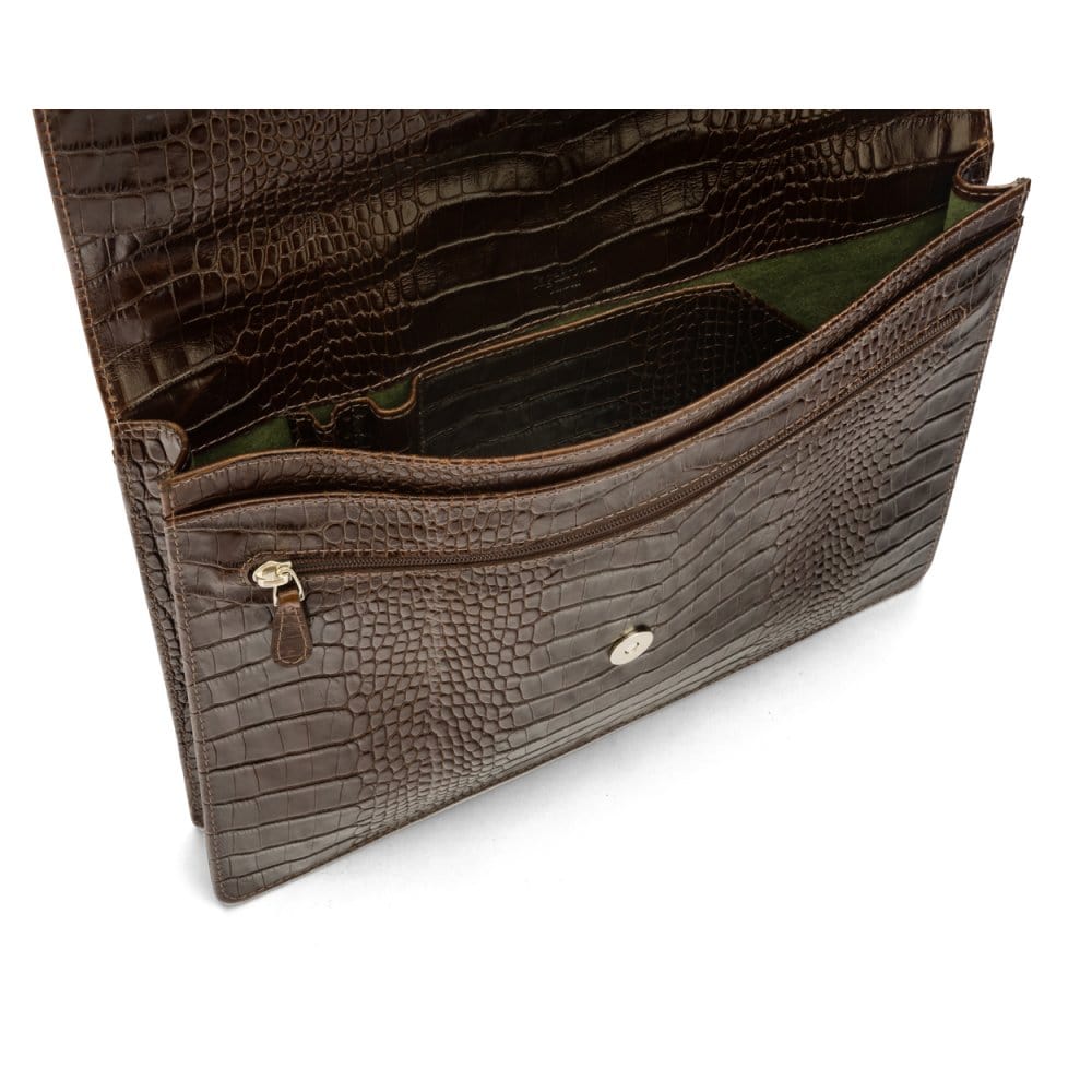Small leather briefcase, brown croc, inside