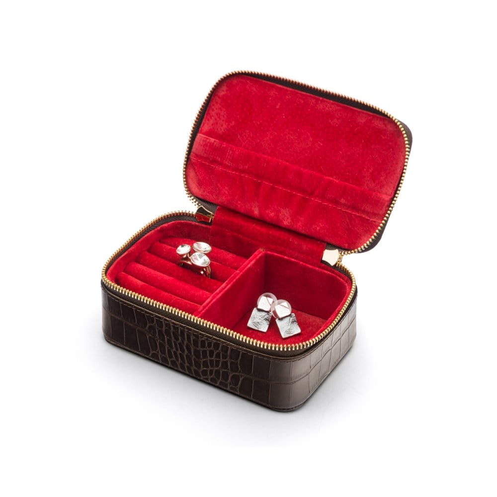 Zip around jewellery case, brown croc, inside