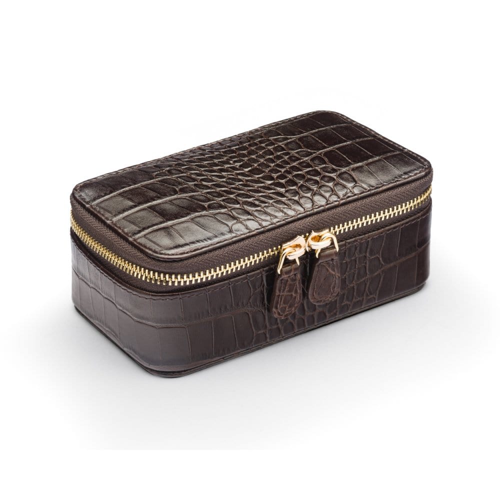Zip around jewellery case, brown croc, front