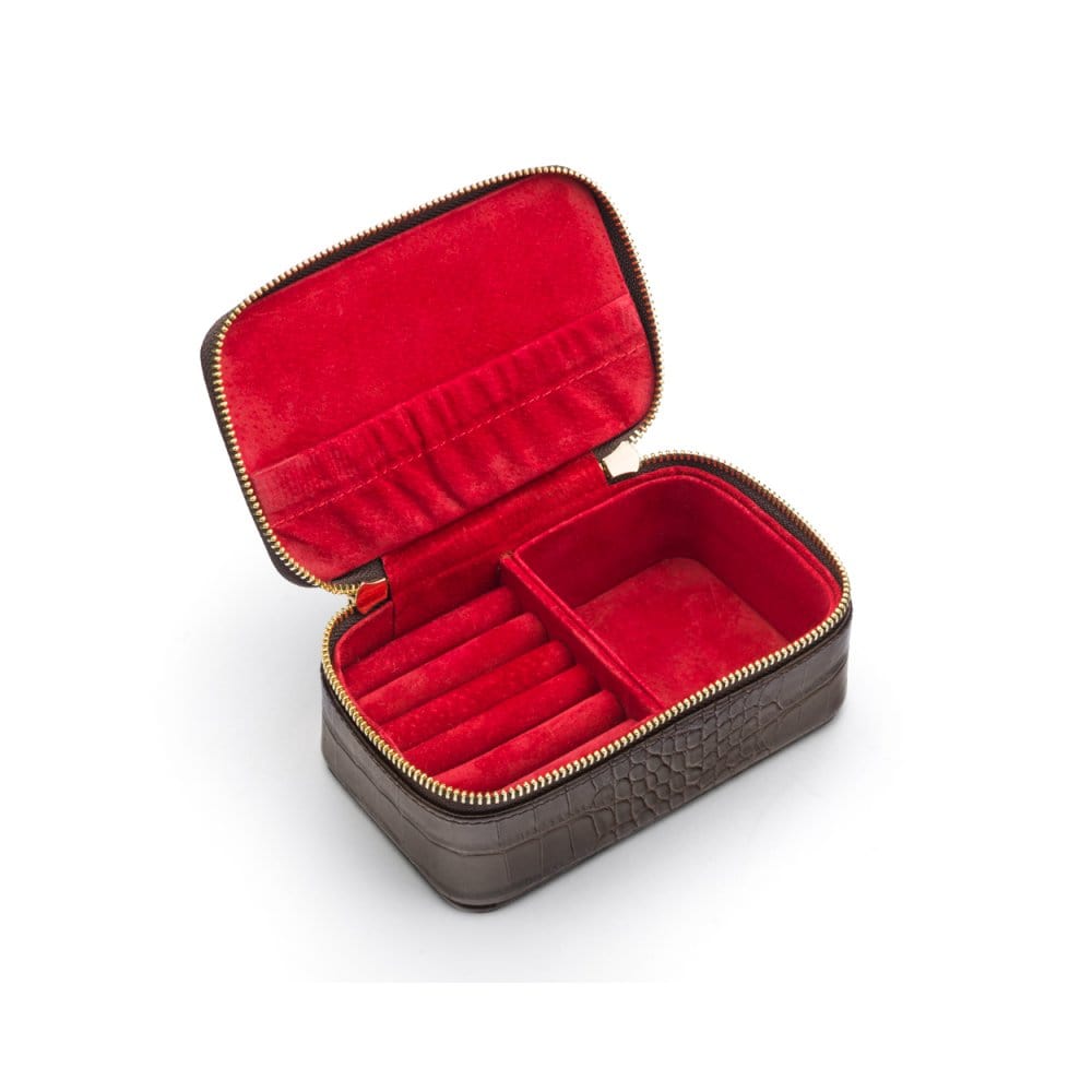 Zip around jewellery case, brown croc, open