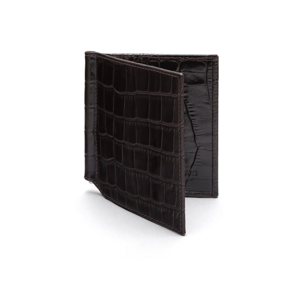 Brown Croc Compact Leather Money Clip Wallet