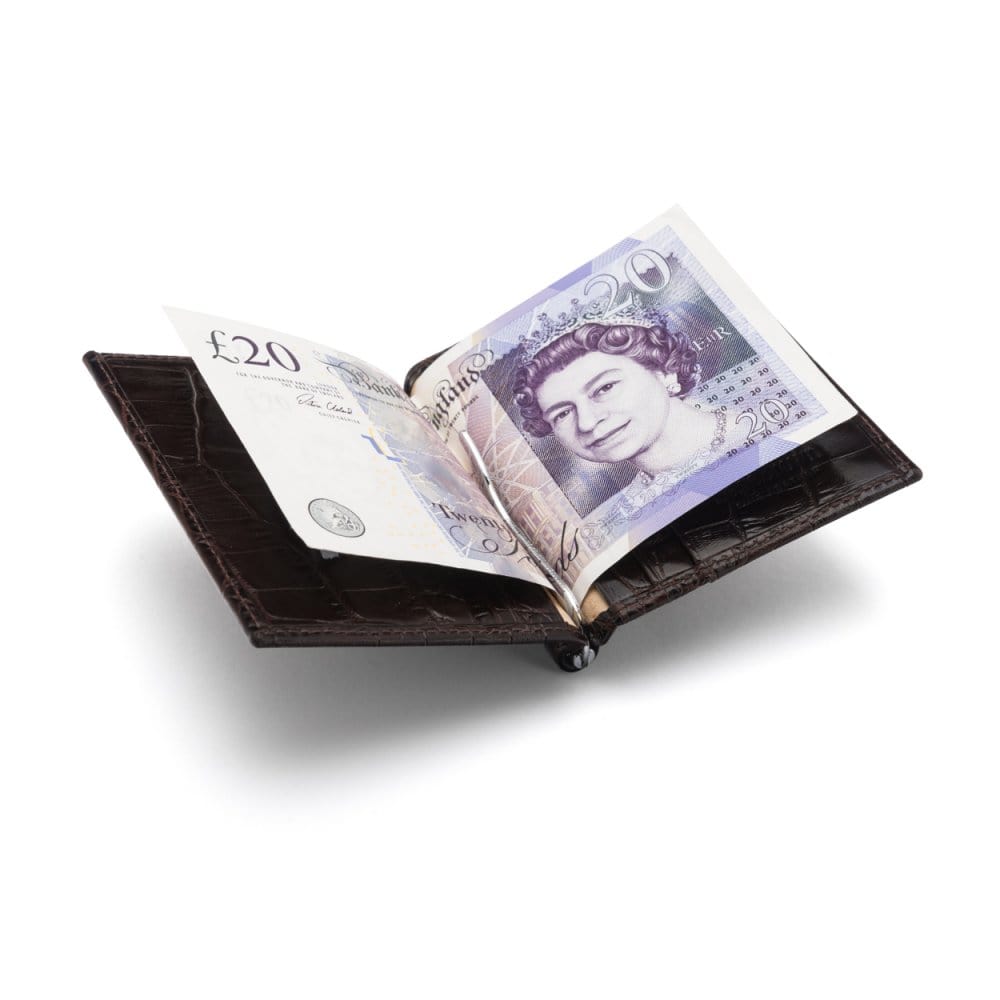 Brown Croc Compact Leather Money Clip Wallet