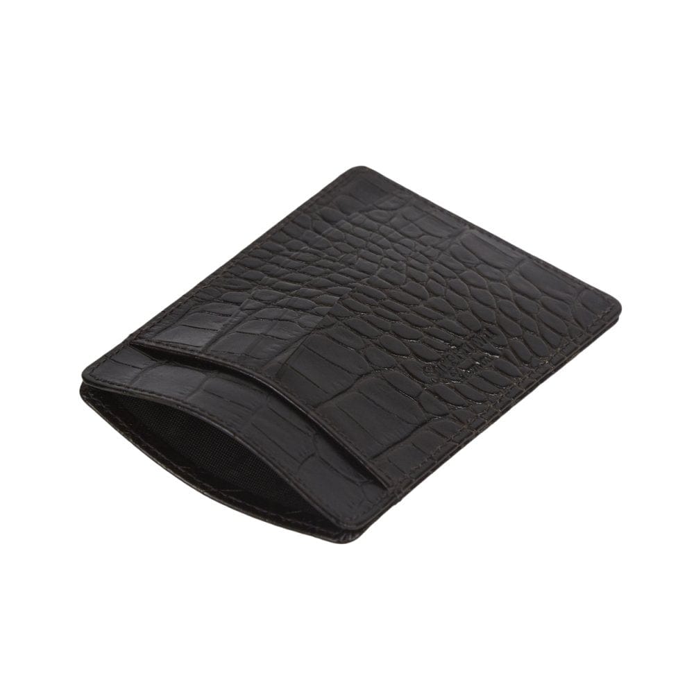 Flat leather credit card holder, brown croc, open