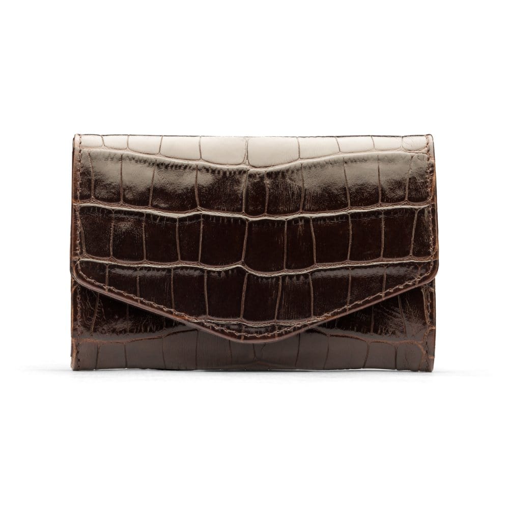 Small leather concertina purse, brown croc, front