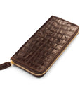 Tall leather zip around accordion purse, brown croc, front