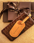 Tall leather zip around accordion purse, brown croc, lifestyle