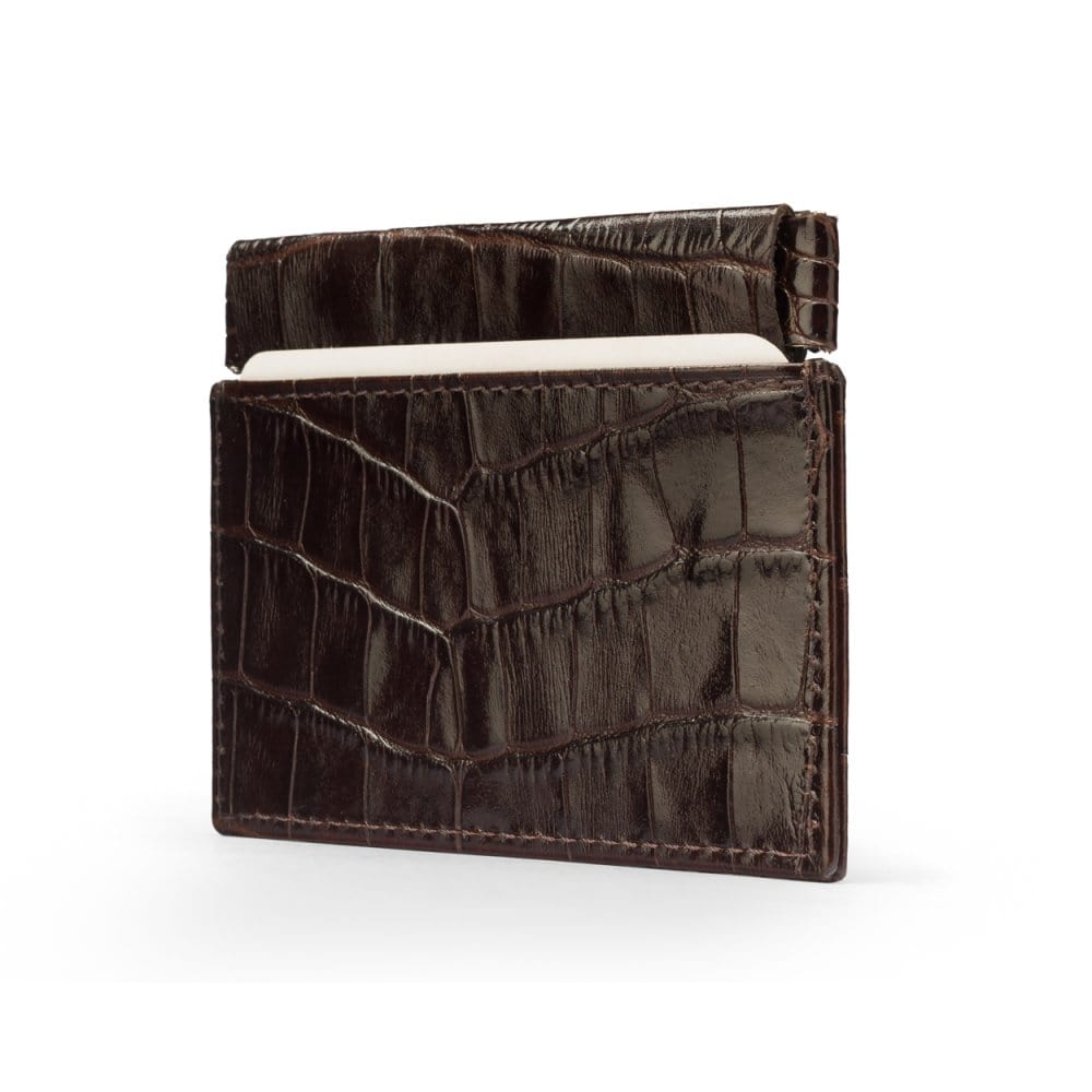 Leather squeeze spring coin purse, brown croc, side
