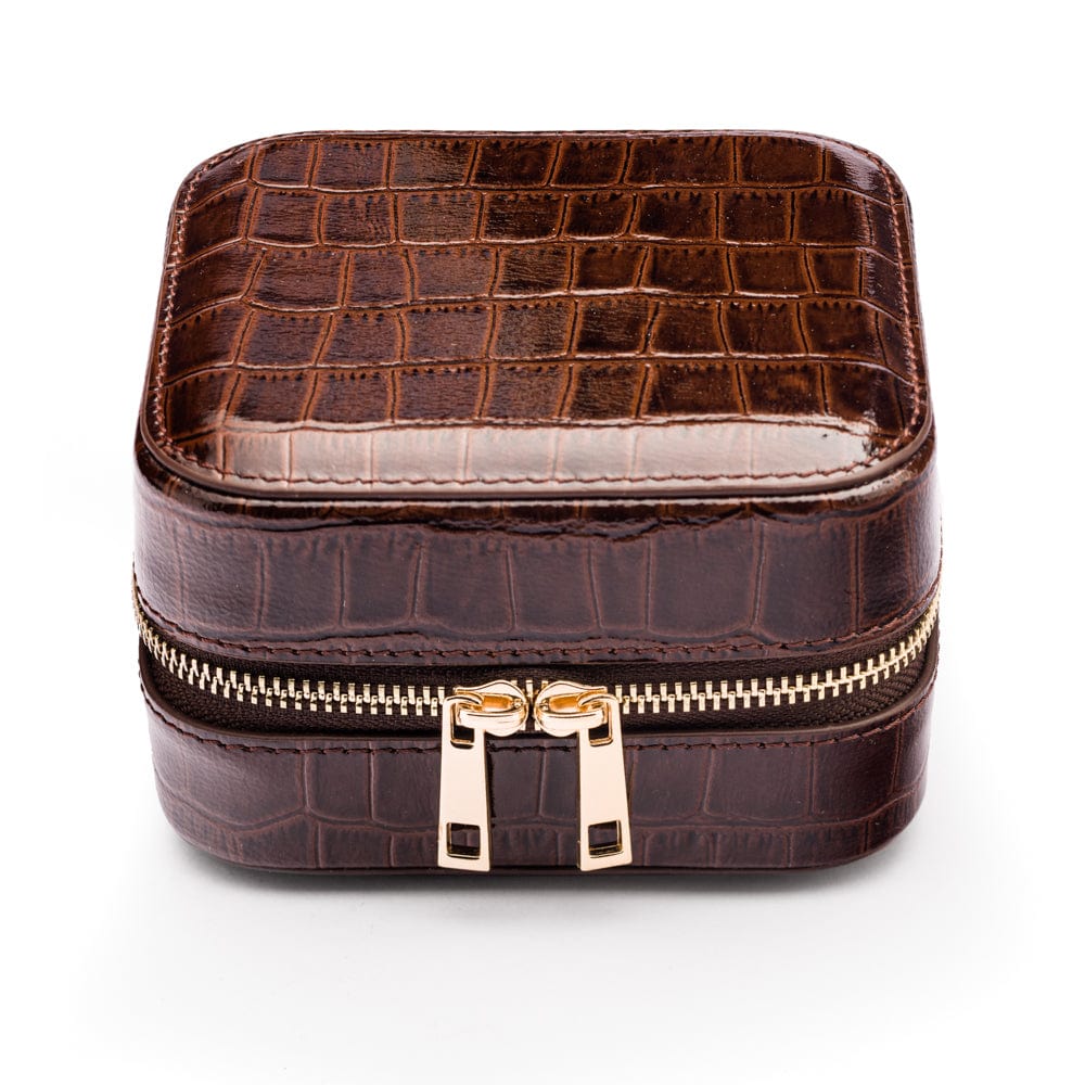 Leather travel jewellery case with zip, brown croc, front view