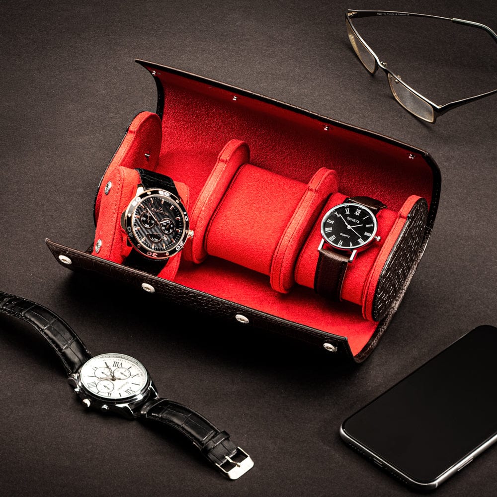 Triple watch roll, brown croc, lifestyle