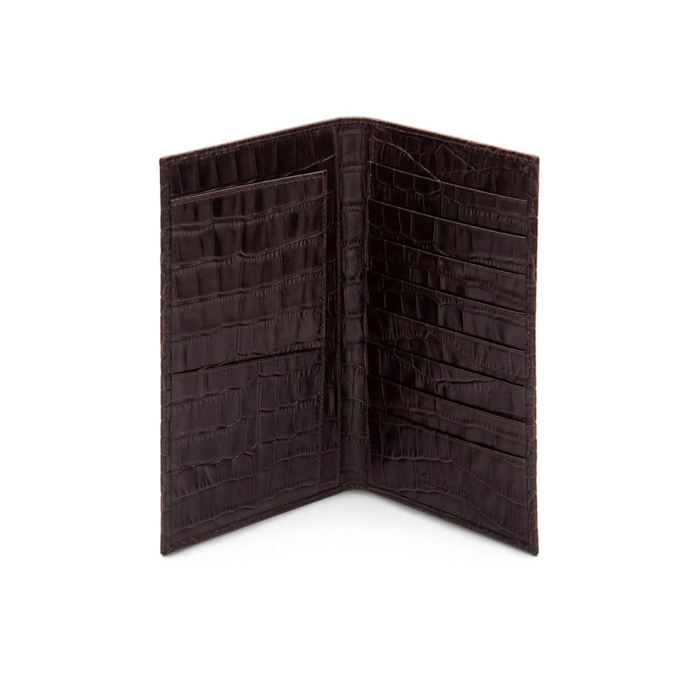 Slim tall leather suit wallet, brown croc, inside