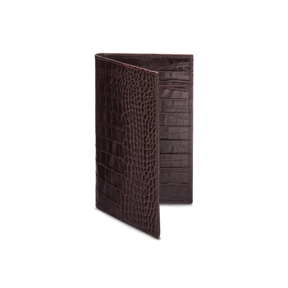 Slim tall leather suit wallet, brown croc, front