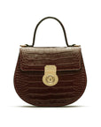Leather rounded bottom top handle bag, brown croc, front