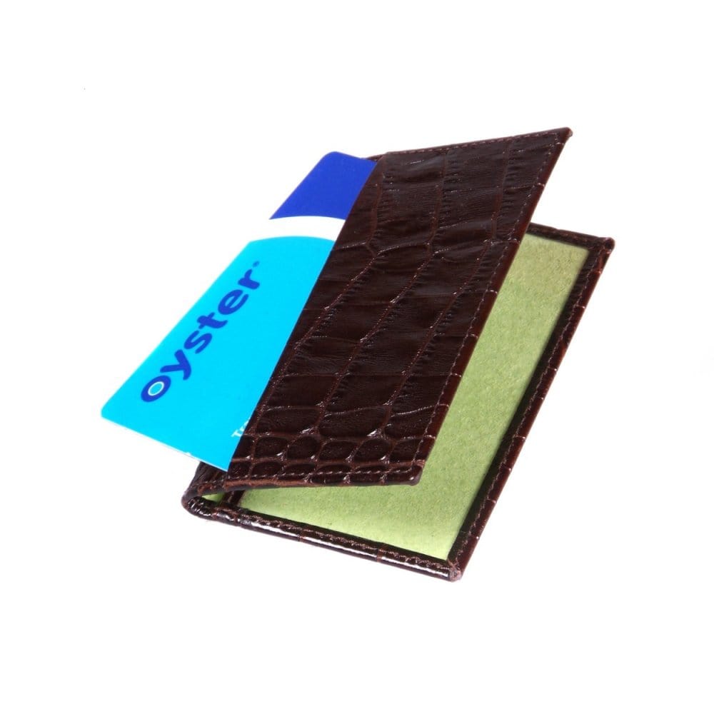 Leather travel card wallet, brown croc, front