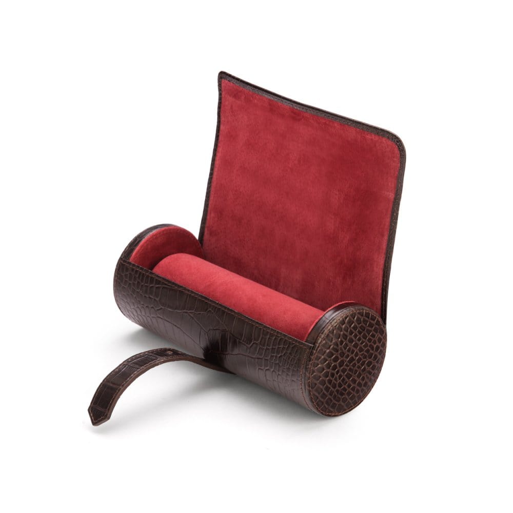 Large leather watch roll, brown croc with red, inside