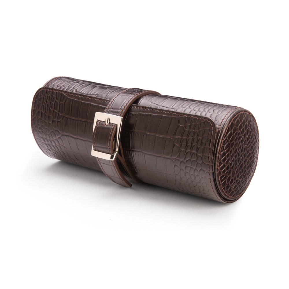 Large leather watch roll, brown croc with red, front