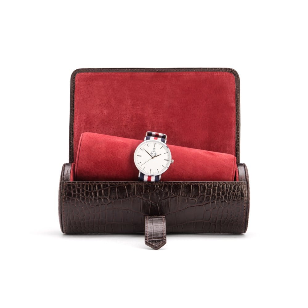 Large leather watch roll, brown croc with red, open