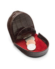 Leather horseshoe coin purse, brown croc with red, open