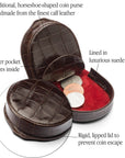 Leather horseshoe coin purse, brown croc with red, features