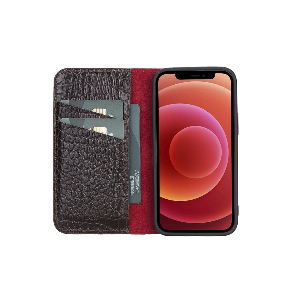 Brown Croc With Red Leather iPhone 12 Mini Wallet Case