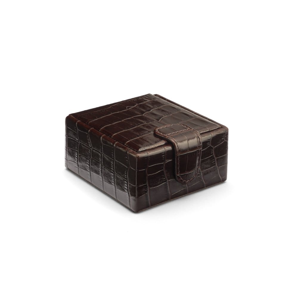 Leather jewellery box, brown croc, front