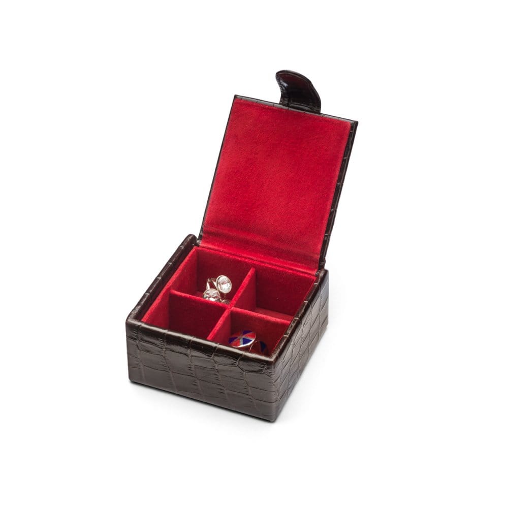 Leather jewellery box, brown croc, open