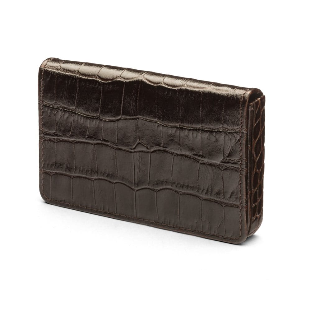 Leather business card holder with magnetic closure, brown croc, front