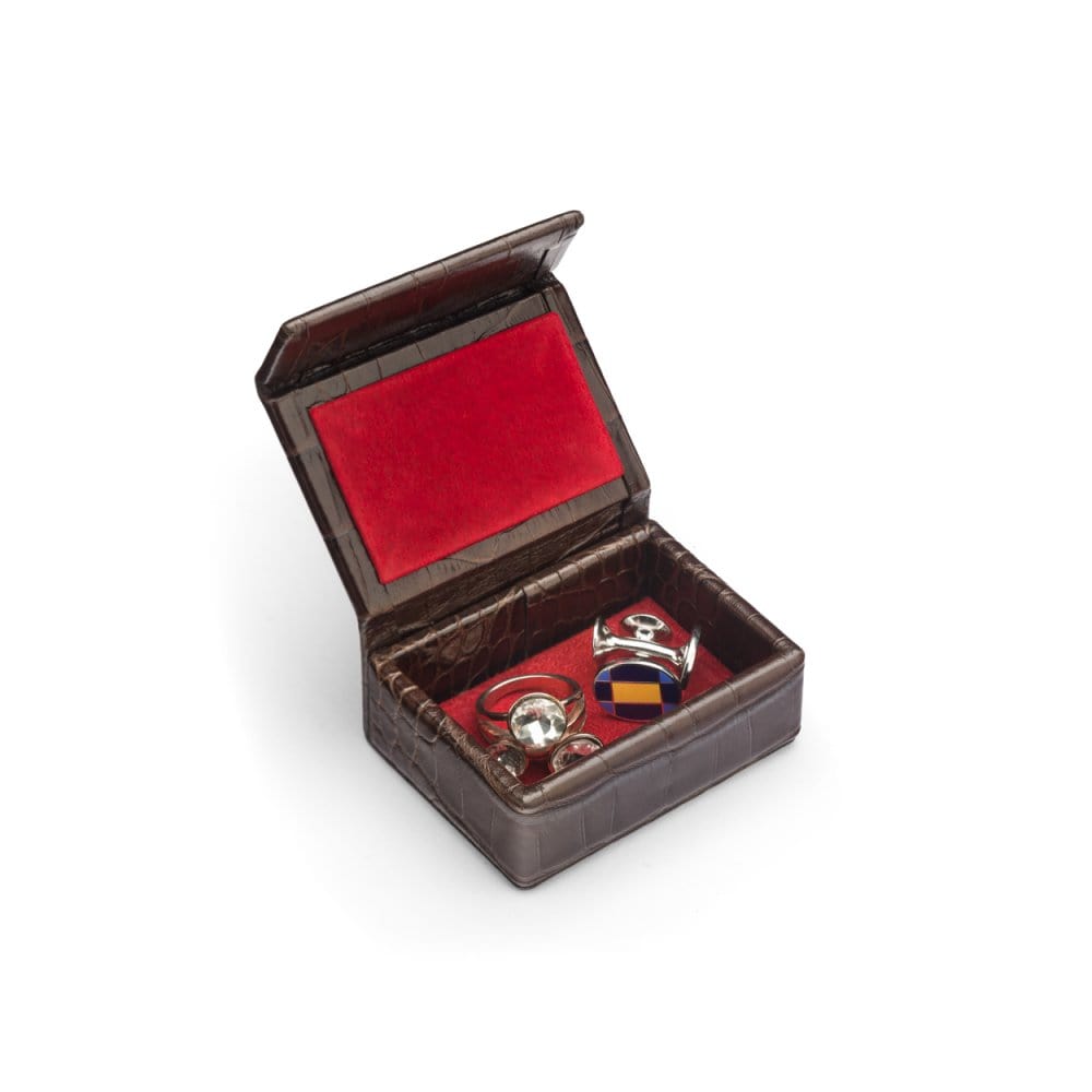 Mini leather accessory box, brown croc, inside