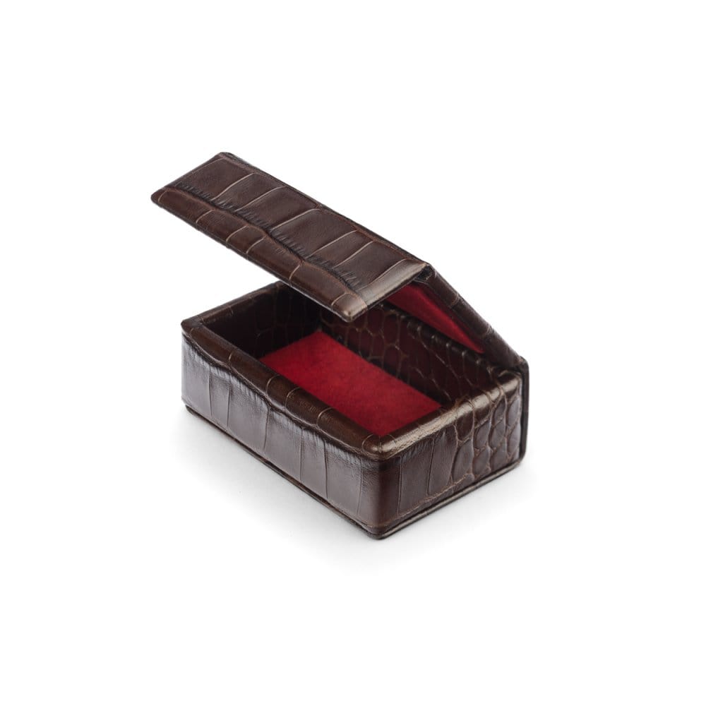 Mini leather accessory box, brown croc, open