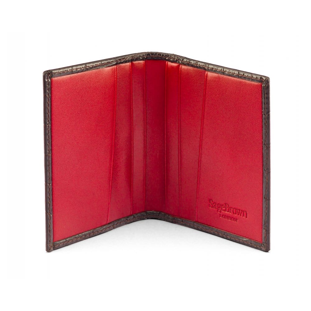 RFID leather credit card holder, brown croc with red, inside view