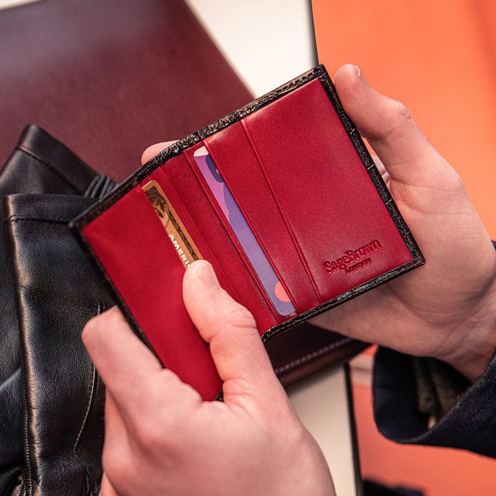 RFID leather credit card holder, brown croc with red, lifestyle