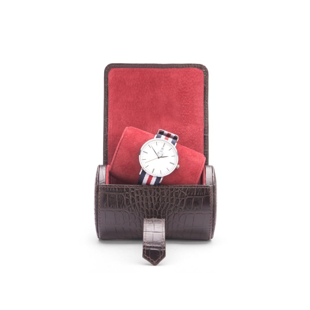 Small leather watch roll, brown croc with red, inside