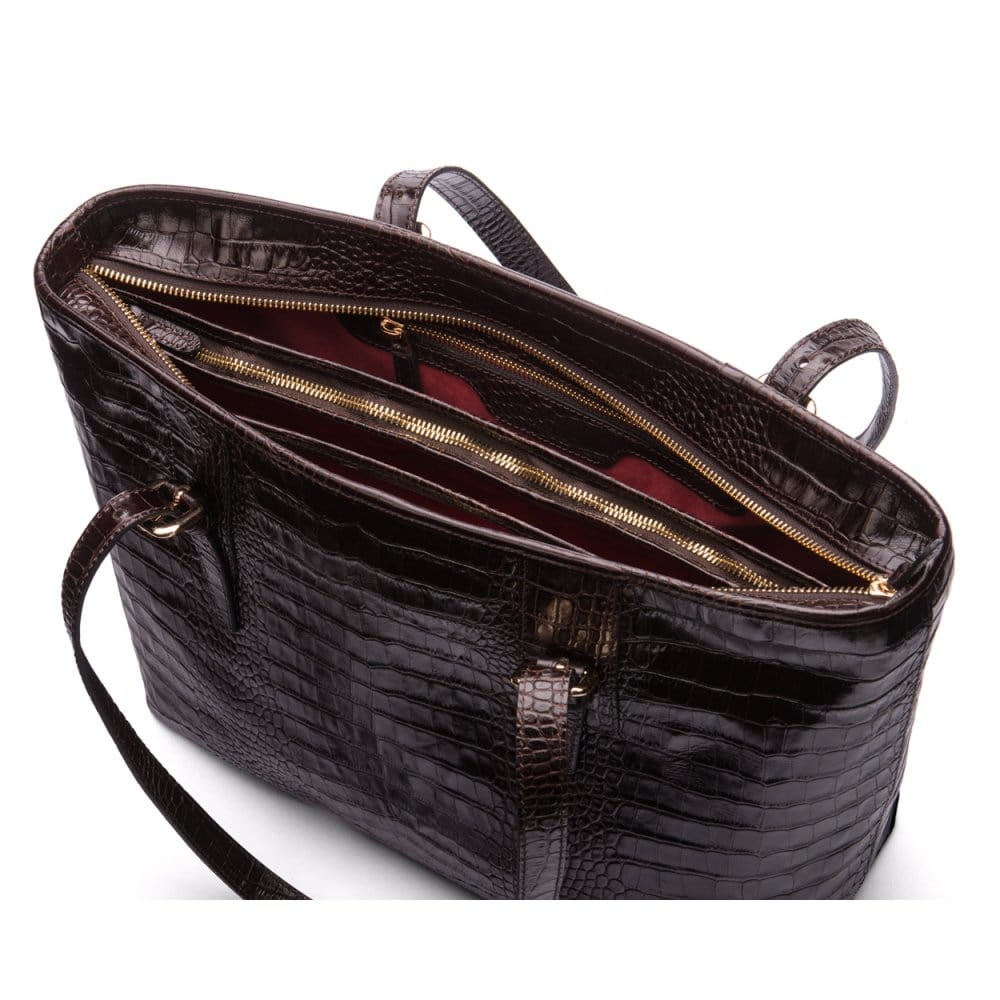 Women's leather 13" laptop workbag, brown croc, open